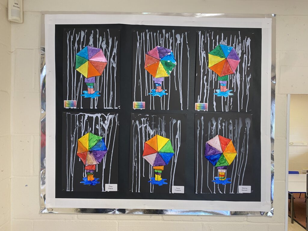 Umbrella art and creating an impression of rain using a drip painting technique&#8230;, Copthill School