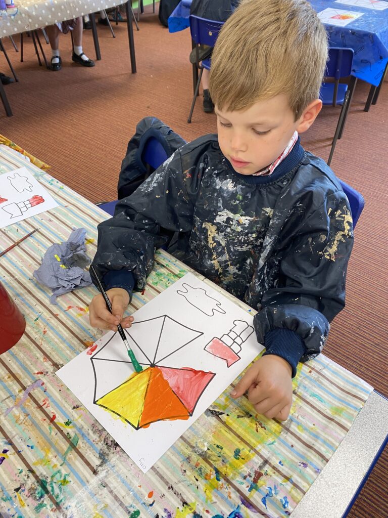 Umbrella art and creating an impression of rain using a drip painting technique&#8230;, Copthill School