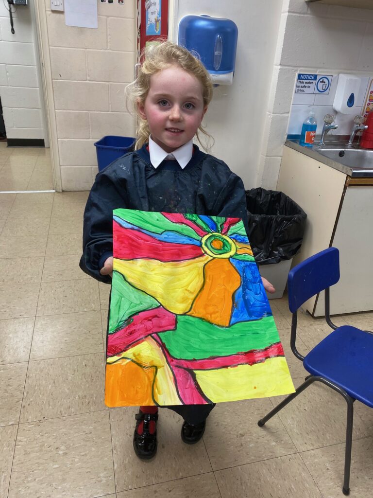 Inukshuk art in the style of Ted Harrison, Copthill School
