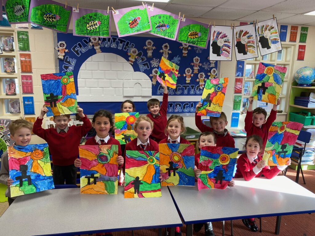 Inukshuk art in the style of Ted Harrison, Copthill School