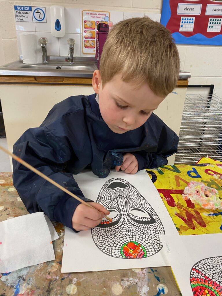 African mask dot painting&#8230;for the art exhibition, Copthill School
