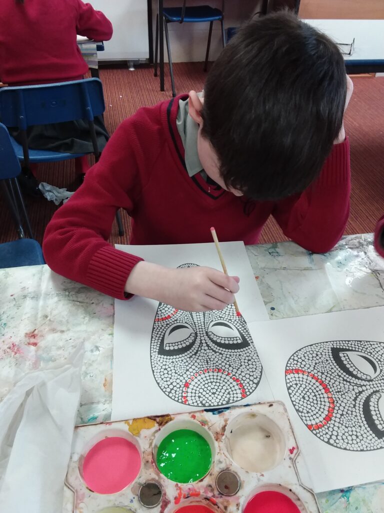 African mask dot painting&#8230;for the art exhibition, Copthill School